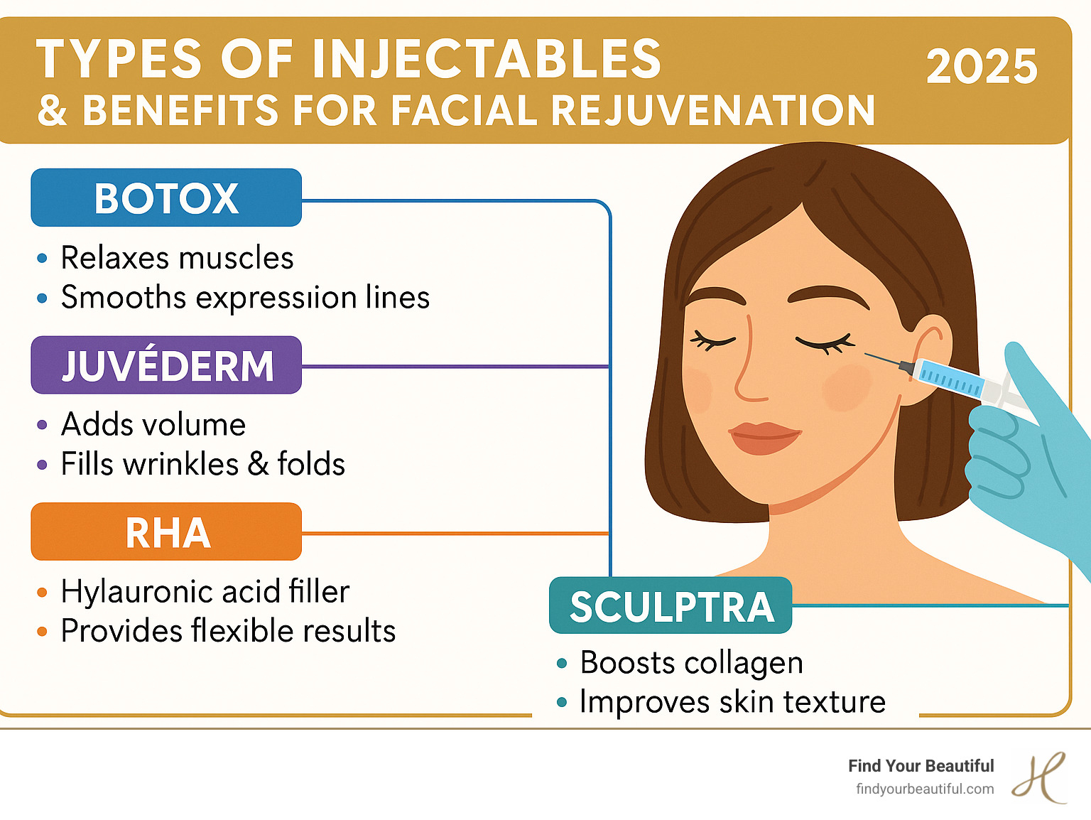 Infographic explaining types of injectables and their benefits for facial rejuvenation - Injectables (Botox, Juvéderm, RHA, Sculptra) - Local infographic 
