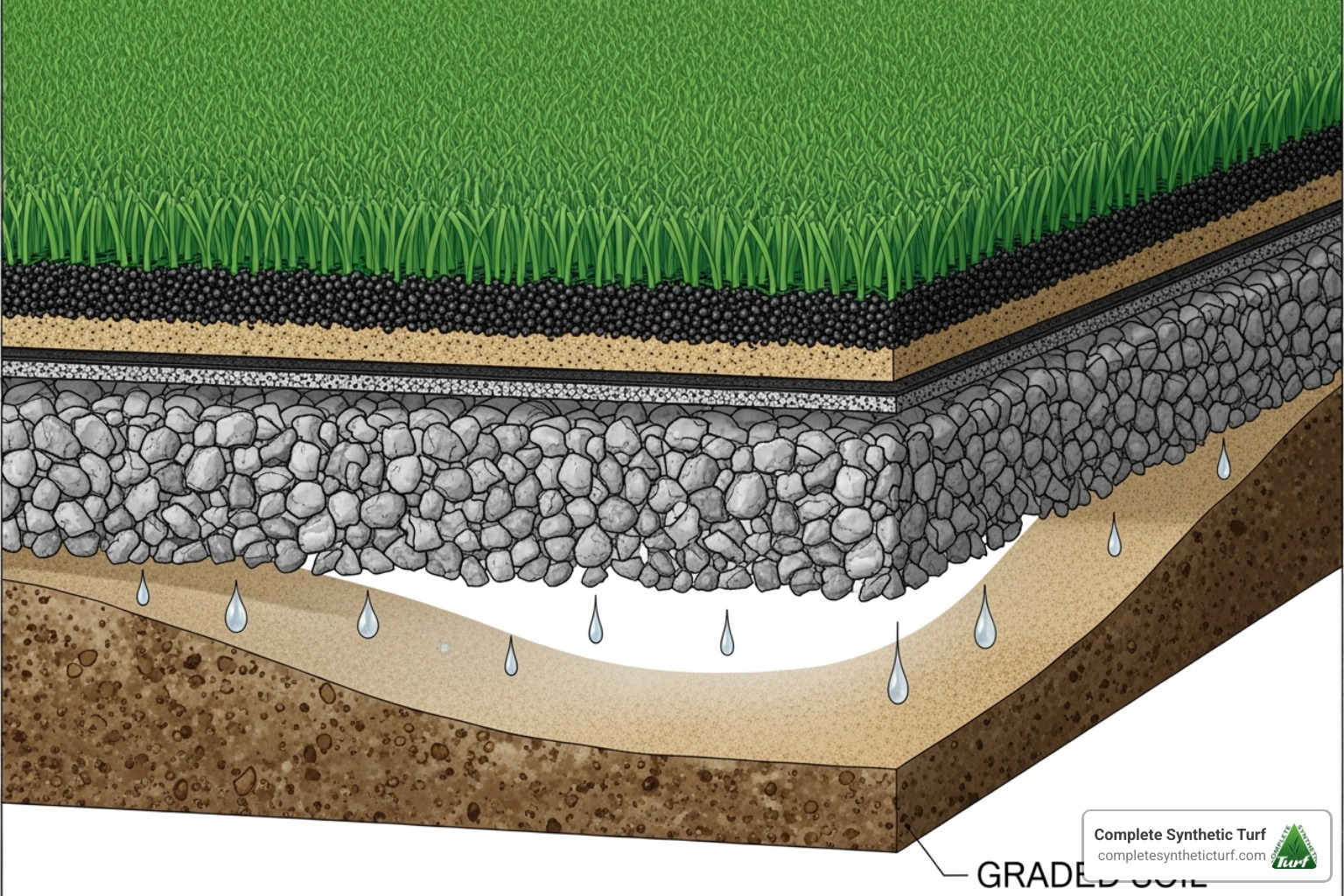 image of a cross-section of turf installation with its base and drainage layers - artificial turf around pool