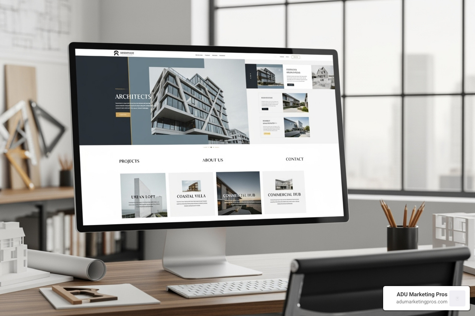 A collage of different modern architect website designs, highlighting trends like minimalism, bold typography, and asymmetrical layouts - architect web design template