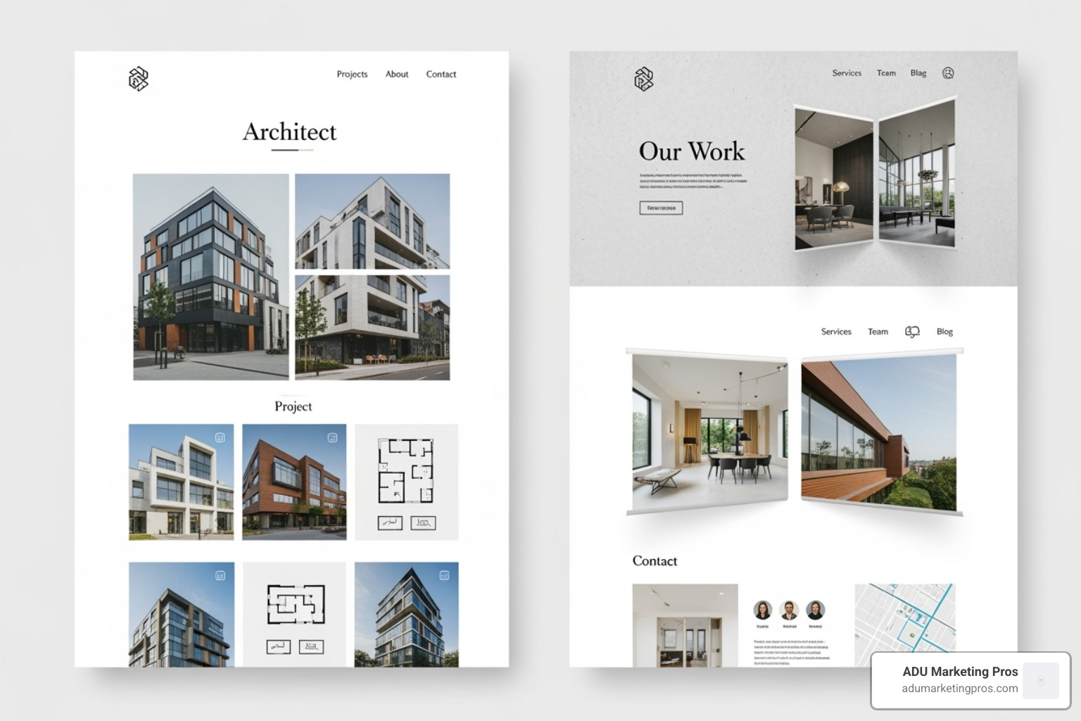 A side-by-side comparison of a generic template and a fully customized version with a firm's unique logo, color scheme, and project photos - architect web design template