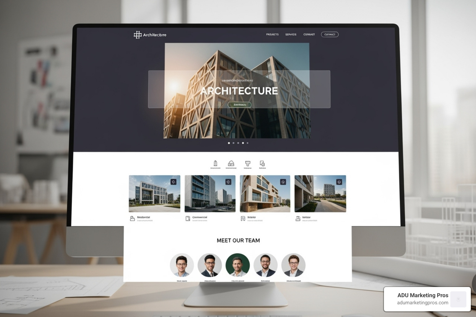 A responsive architect website template shown on a desktop, tablet, and mobile device side-by-side, showcasing its adaptability across different screen sizes - architect web design template