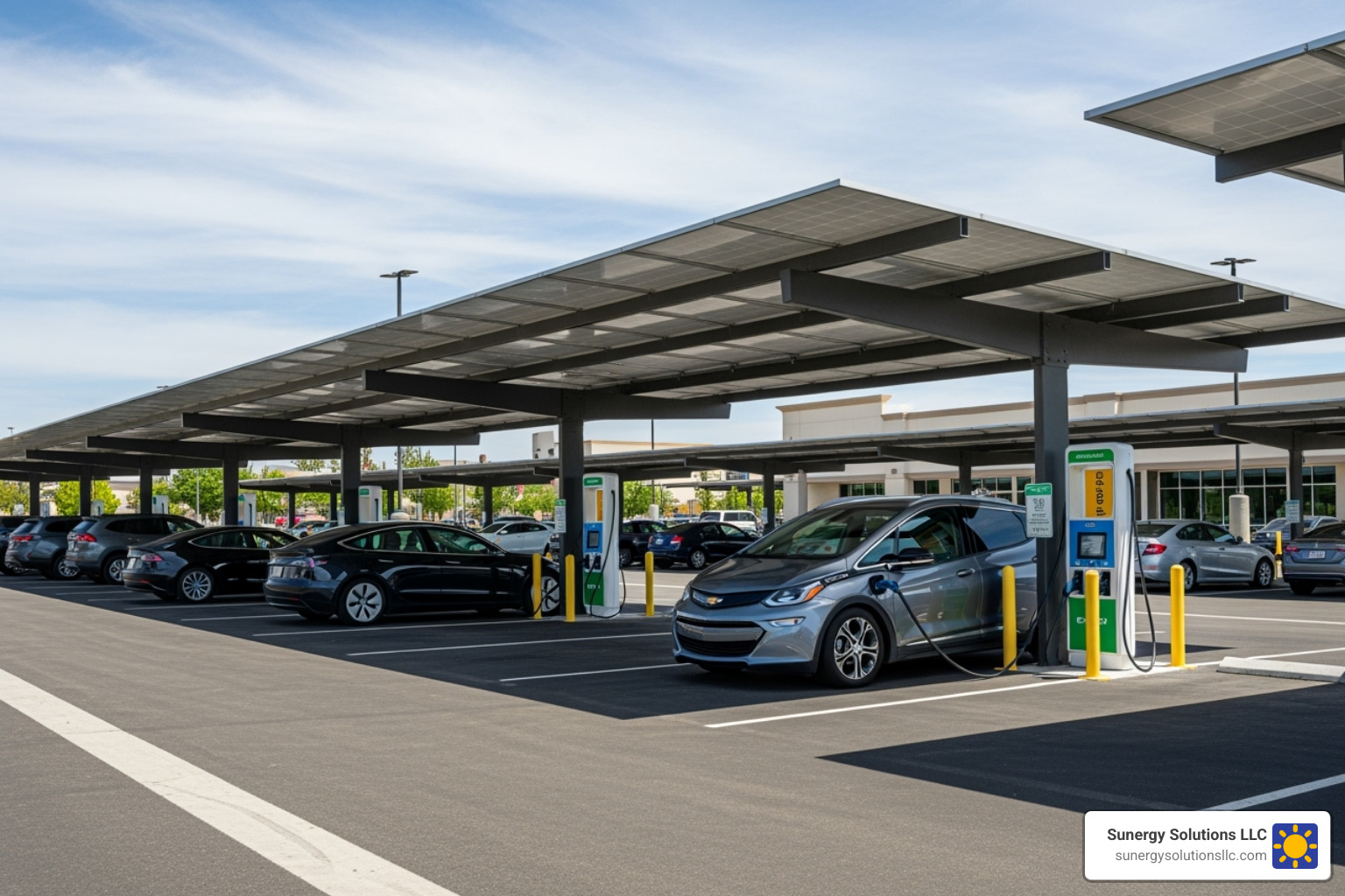 Commercial parking lot with solar carports and EV charging stations in the US - solar power commercial installations