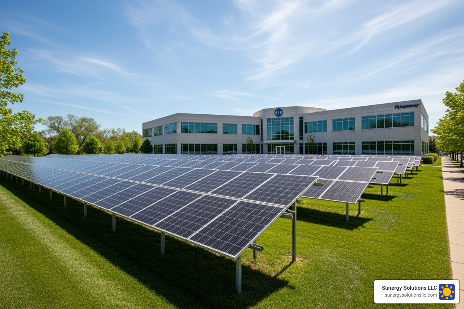 Ground-mounted solar array on a US business property - solar power commercial installations
