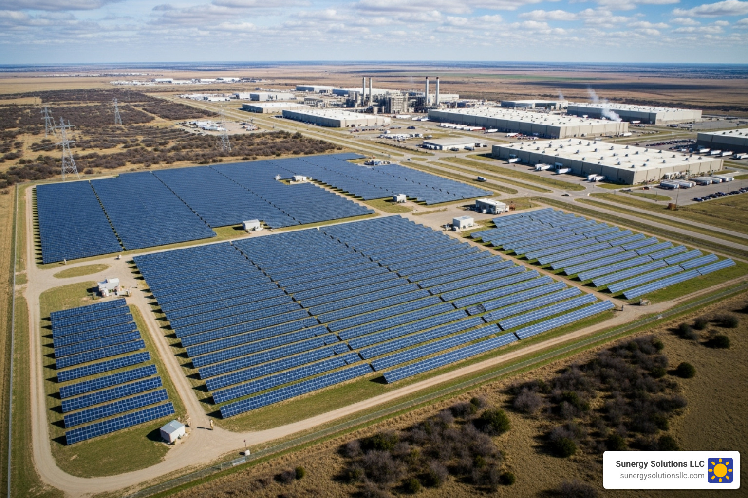 Large-scale ground-mounted solar farm for an industrial facility in the US - solar power commercial installations