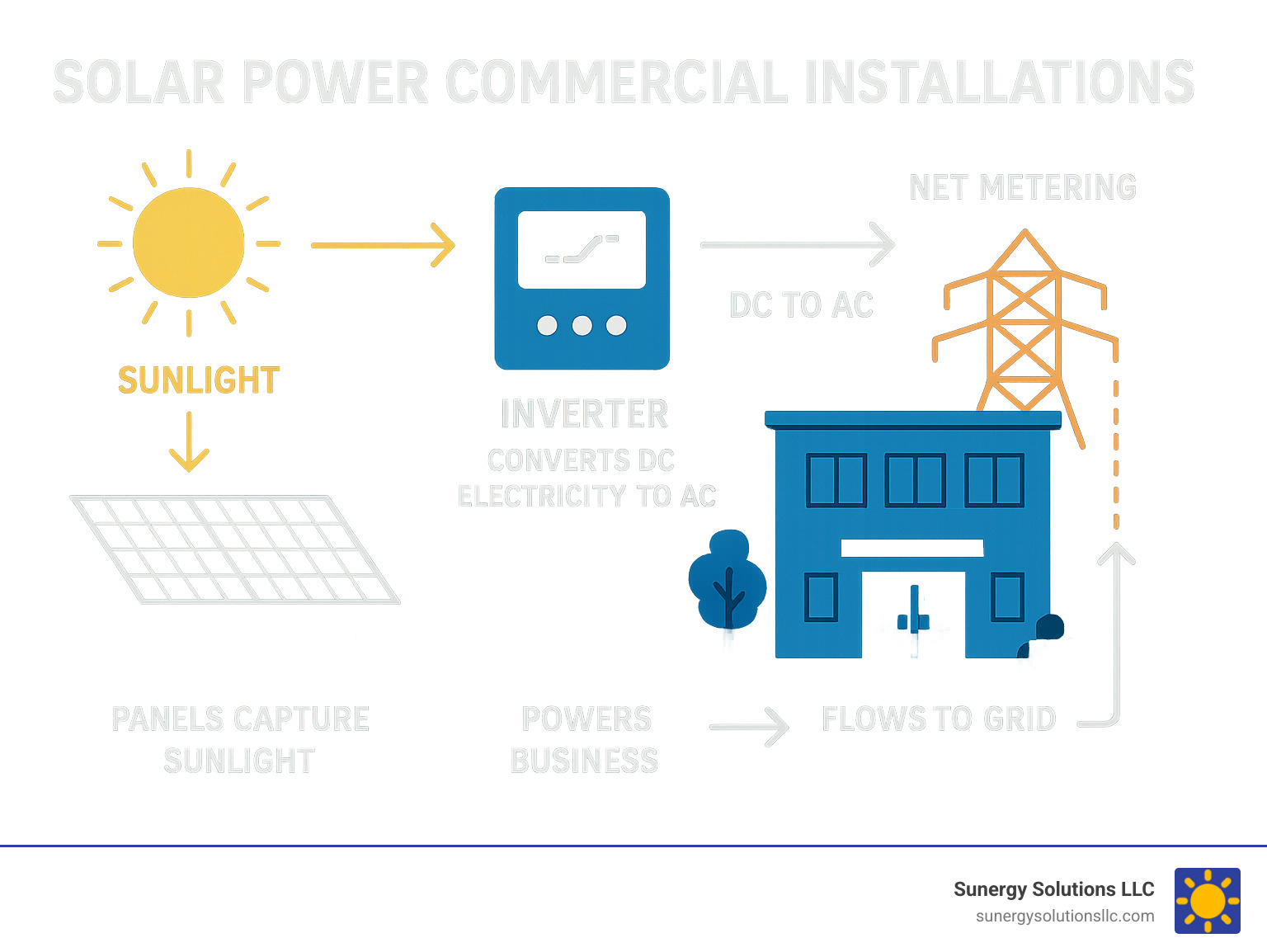 Infographic showing the journey of sunlight converted to electricity for commercial use, highlighting panels capturing sunlight, inverters converting DC to AC electricity, and the electricity powering the business and flowing to the grid via net metering - solar power commercial installations infographic 