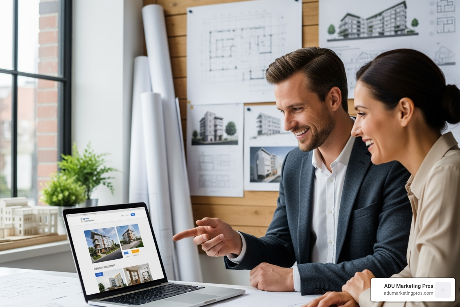 An architect proudly presenting their new website to a happy client on a laptop, with architectural drawings visible in the background. - architect web design tools An architect proudly presenting their new website to a happy client on a laptop, with architectural drawings visible in the background. - architect web design tools