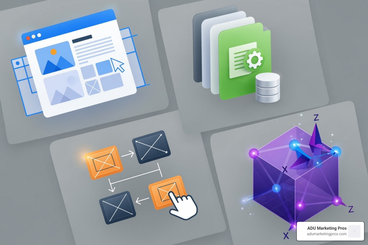 A collage of generic logos for different types of design software, including a website builder icon, a CMS icon, a prototyping tool icon, and a 3D visualization icon. - architect web design tools A collage of generic logos for different types of design software, including a website builder icon, a CMS icon, a prototyping tool icon, and a 3D visualization icon. - architect web design tools