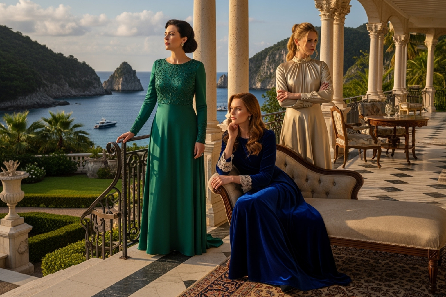 The Sinclair sisters (Mamie Gummer, Caitlin FitzGerald, Candice King) in character, possibly looking serious or contemplative, in an neat setting on Beechwood Island. - we were liars cast