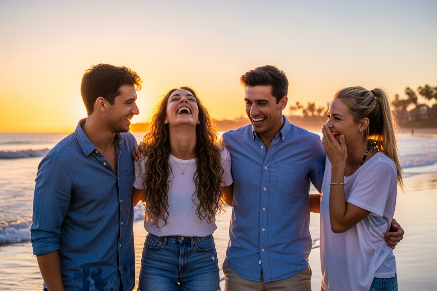 The four 'Liars' (Emily Alyn Lind, Shubham Maheshwari, Esther McGregor, and Joseph Zada) together, laughing on a beach. - we were liars cast