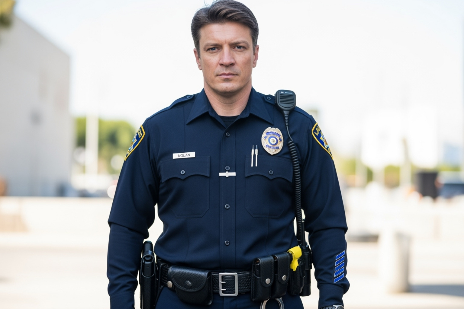 Nathan Fillion as John Nolan in his LAPD uniform - the rookie cast