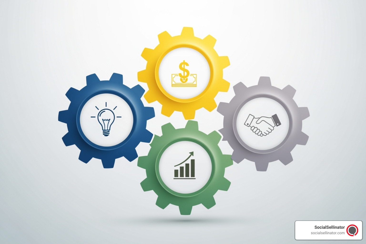 interconnected gears labeled Content, Backlinks, E-E-A-T, and Technical SEO - seo content optimisation