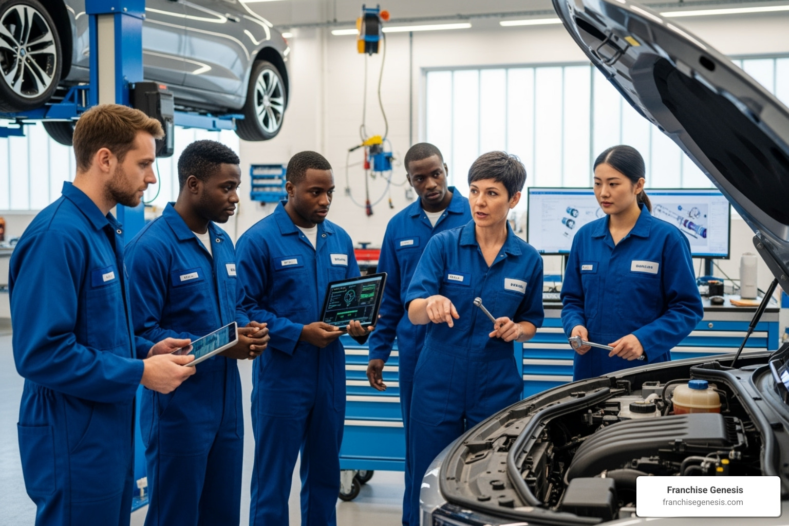 diverse team of technicians collaborating in a workshop - future of automotive franchises