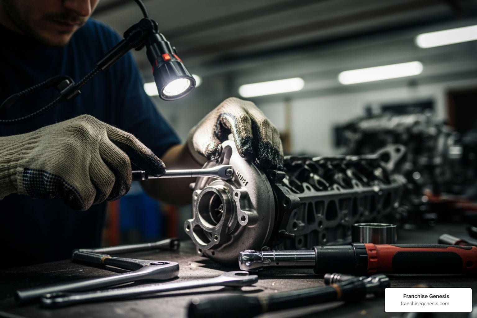 technician working on a complex engine part - future of automotive franchises