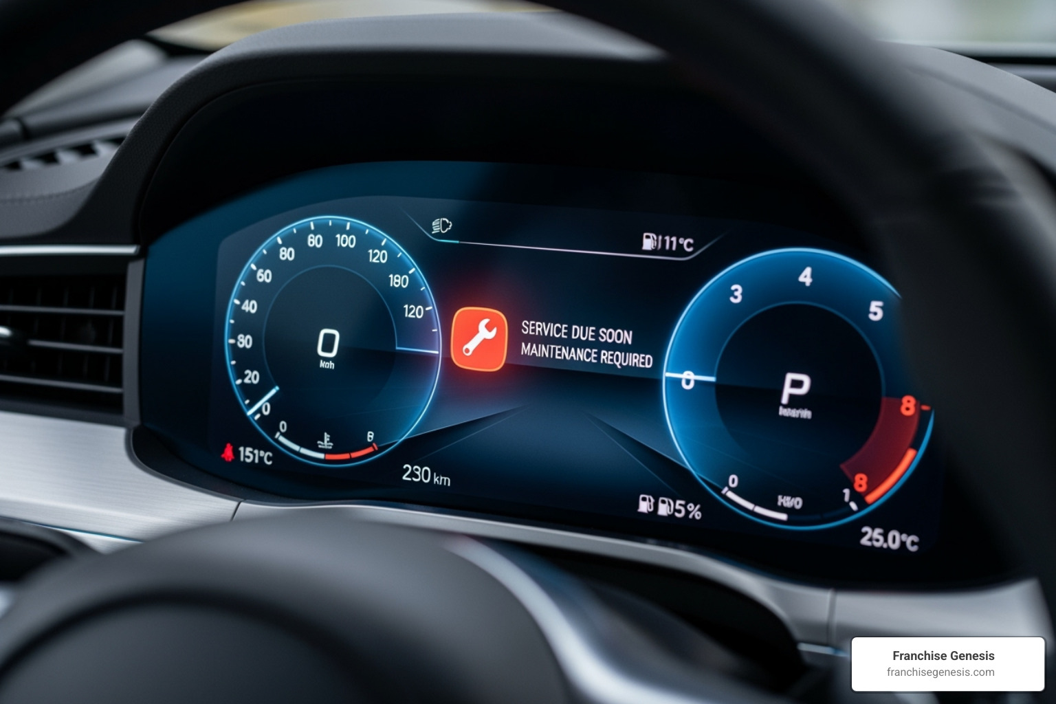 digital dashboard in a car showing a maintenance alert - future of automotive franchises