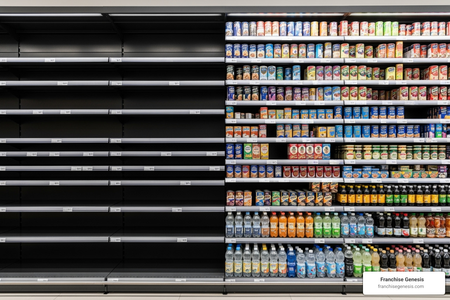Empty store shelf next to a full one - Franchise supply chain