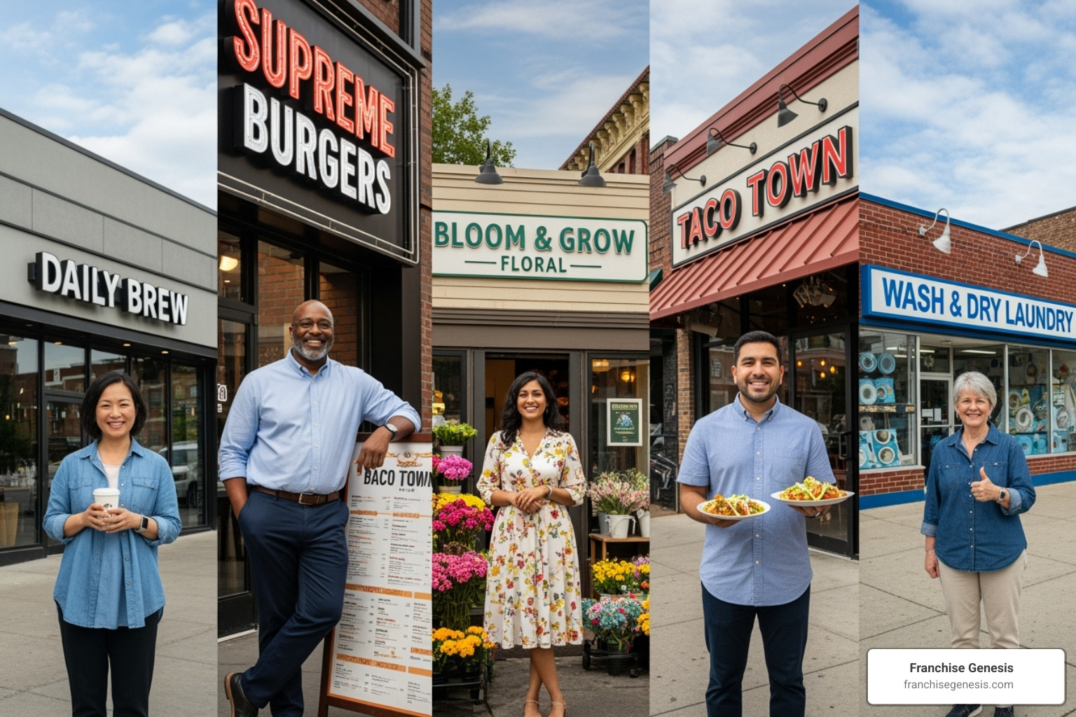 Diverse group of successful franchise owners in front of their stores - franchise growth strategies