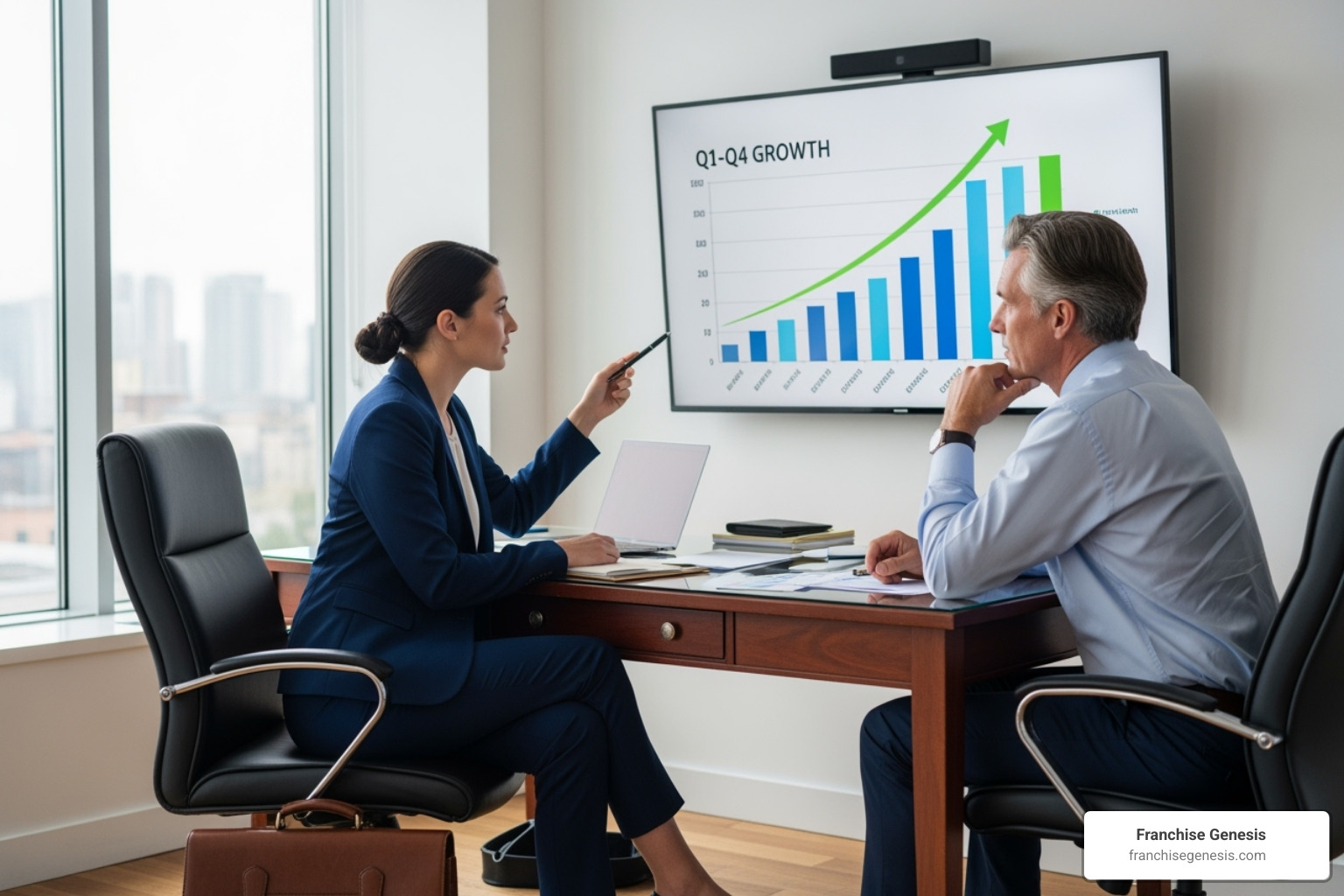 Consultant meeting with a business owner, pointing at a growth chart. - franchise growth consultant
