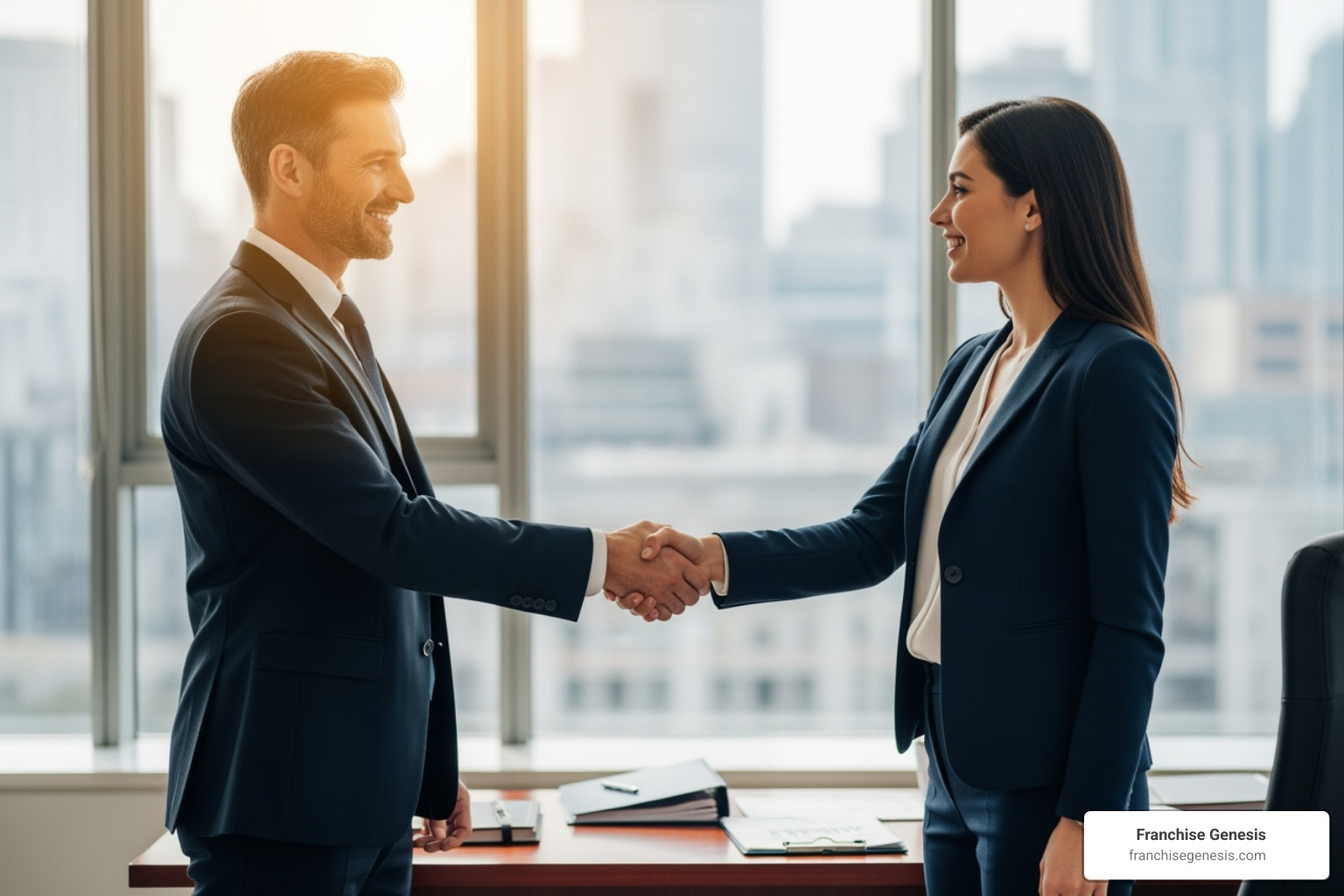 Business owner shaking hands with a consultant. - franchise growth consultant