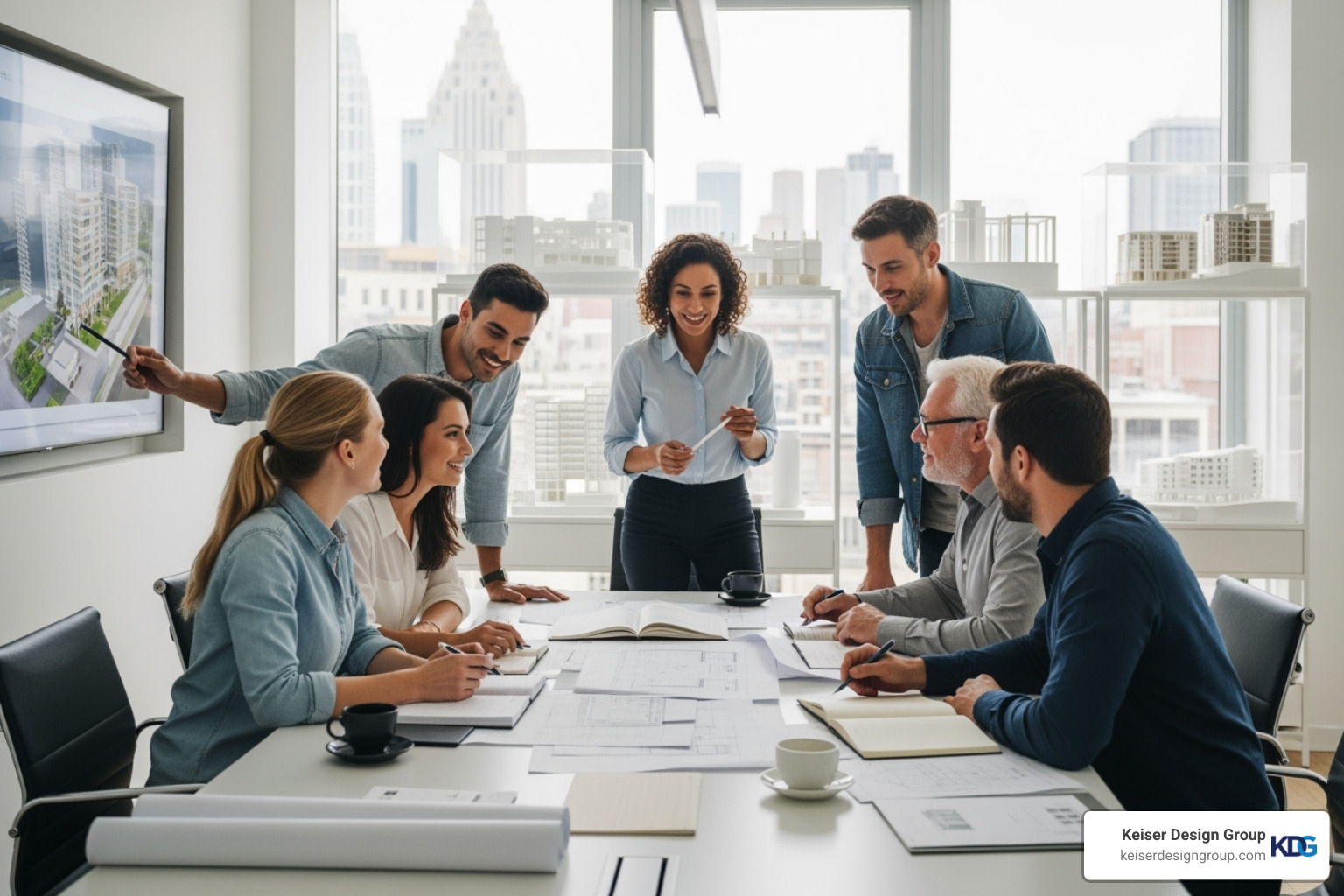 architects collaborating over blueprints and a 3D model - commercial architecture design architects collaborating over blueprints and a 3D model - commercial architecture design