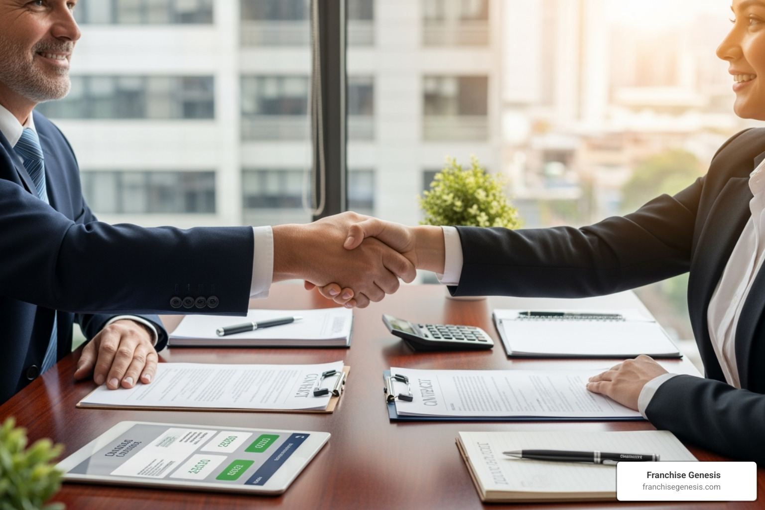 Image of a franchisor and franchisee shaking hands over a desk adorned with financial documents, symbolizing a successful partnership and the ease of financial transactions. - Franchise acquisition financing