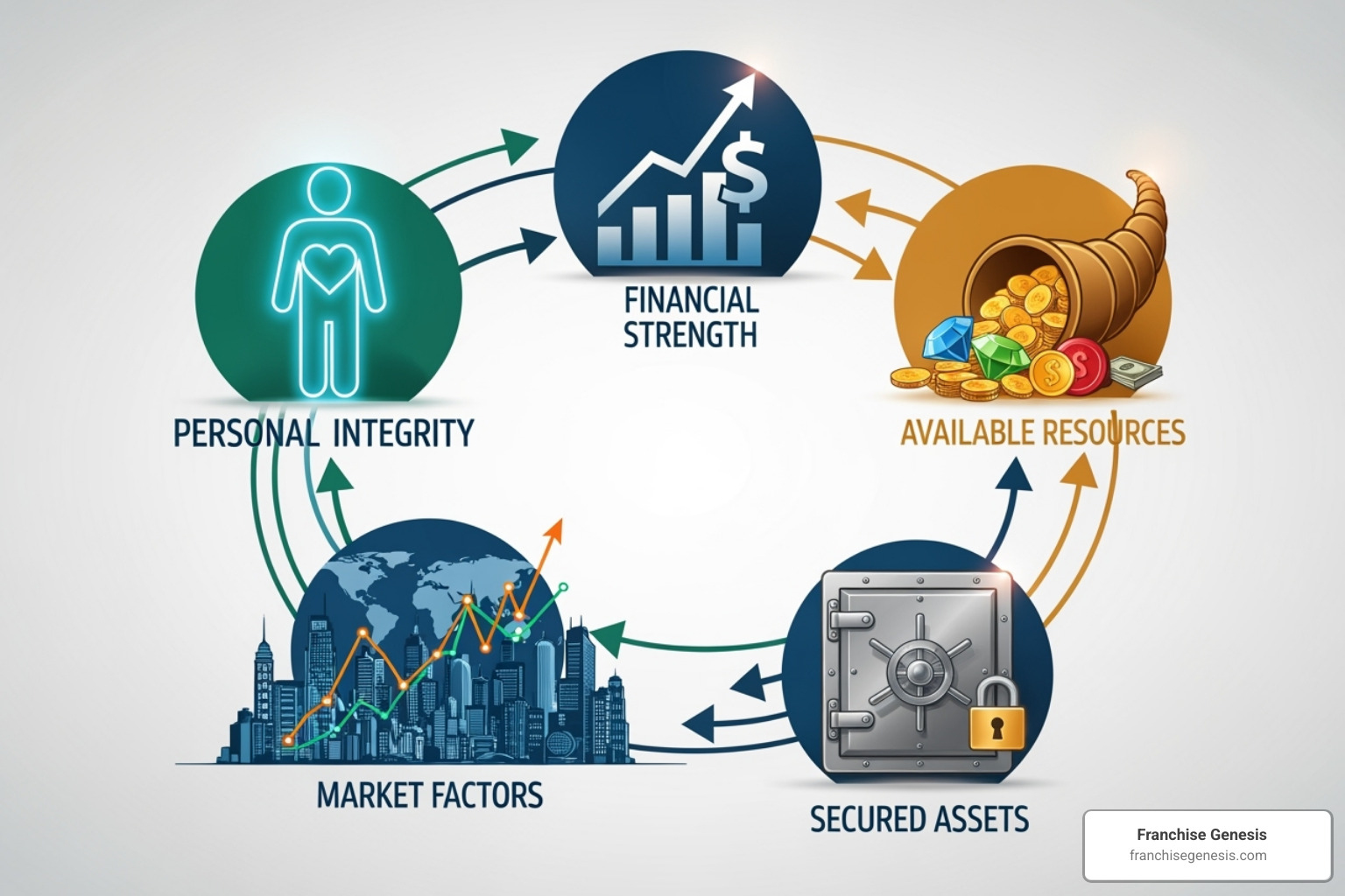 Image illustrating the '5 Cs of Credit' with five distinct segments, each representing Character, Capacity, Capital, Conditions, and Collateral, connected by arrows to show their interdependency in a lending decision. - Franchise acquisition financing
