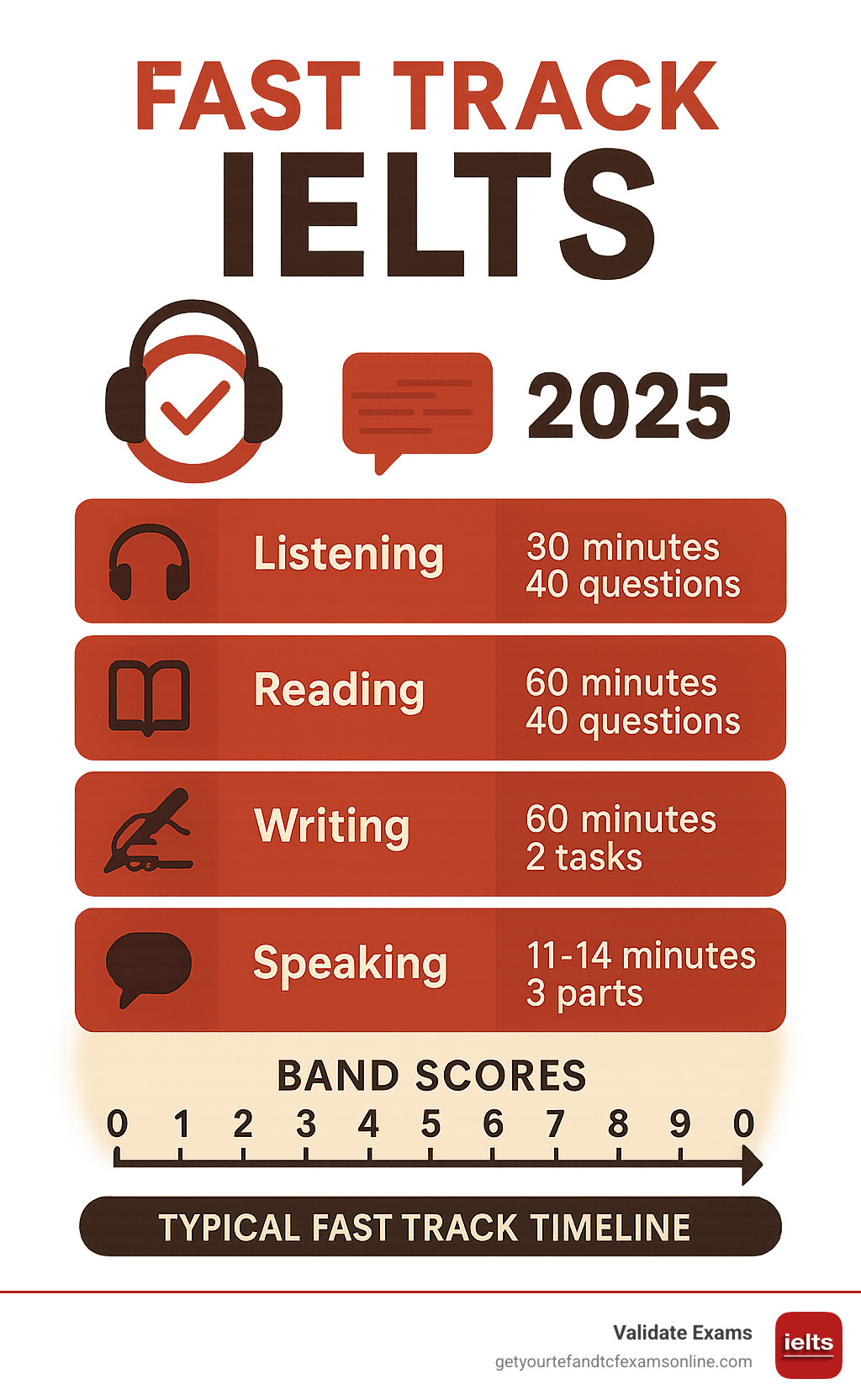 Comprehensive infographic showing the four IELTS sections: Listening (30 minutes, 40 questions), Reading (60 minutes, 40 questions), Writing (60 minutes, 2 tasks), and Speaking (11-14 minutes, 3 parts), with band scores from 0-9 and typical fast track timeline of 4-8 weeks - Fast track IELTS infographic 