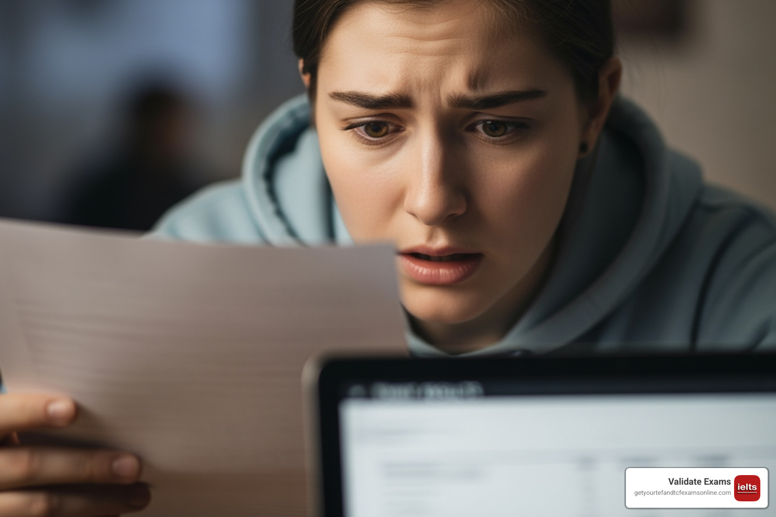 Person looking stressed over exam results - How to get IELTS