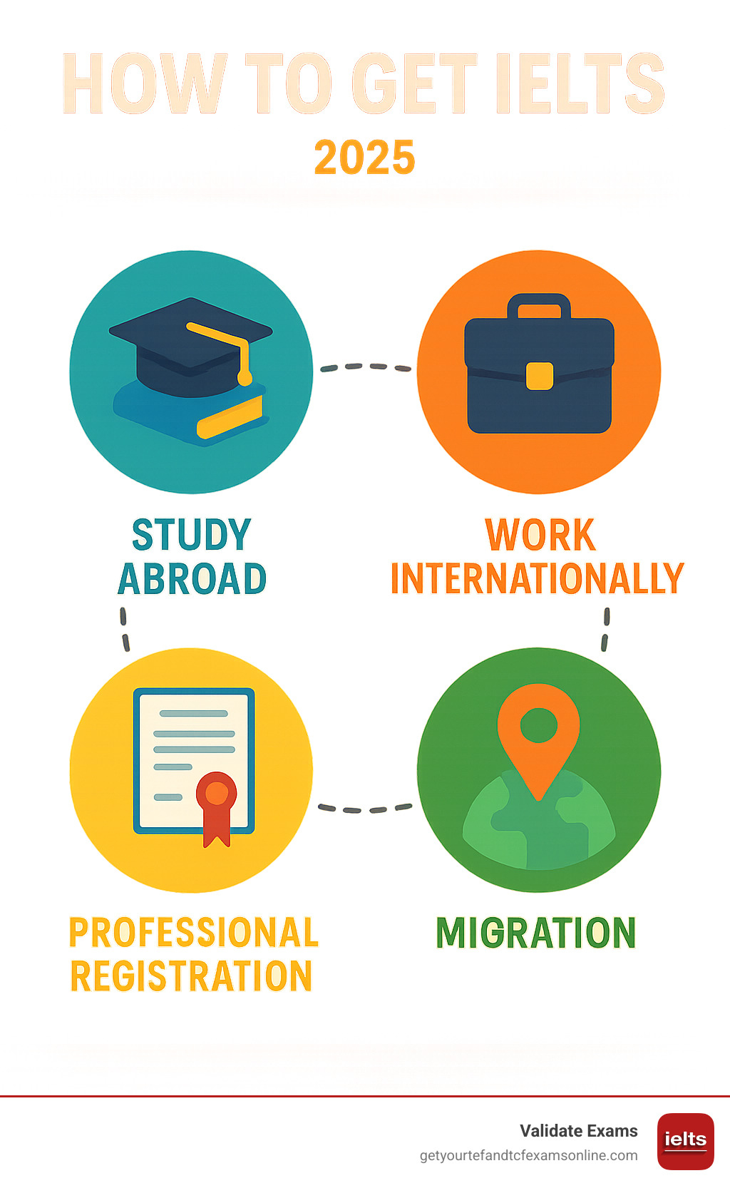 Infographic explaining the 4 key areas where IELTS is used: Study abroad, Work internationally, Migration, and Professional Registration - How to get IELTS infographic 