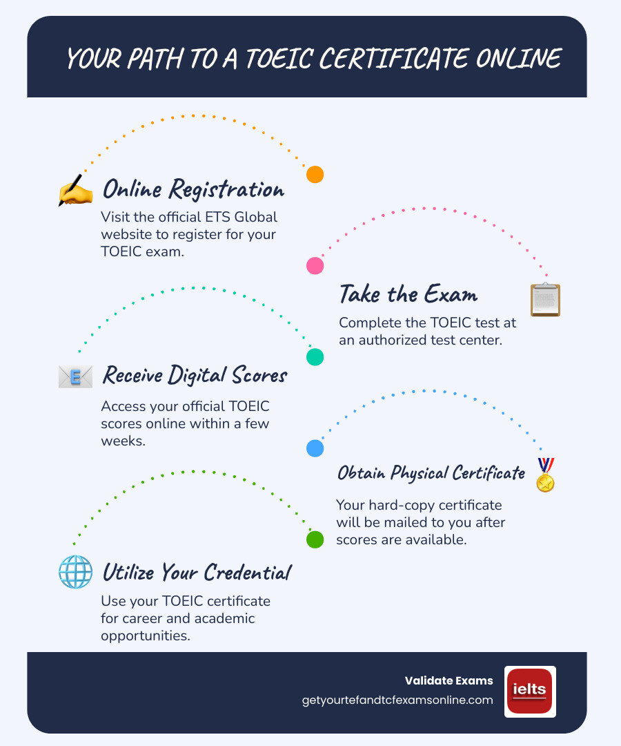 Infographic detailing steps to obtain a TOEIC certificate online, starting with online registration, taking the test, receiving digital scores, and finally getting a physical certificate. - TOEIC certificate online infographic infographic-line-5-steps-blues-accent_colors