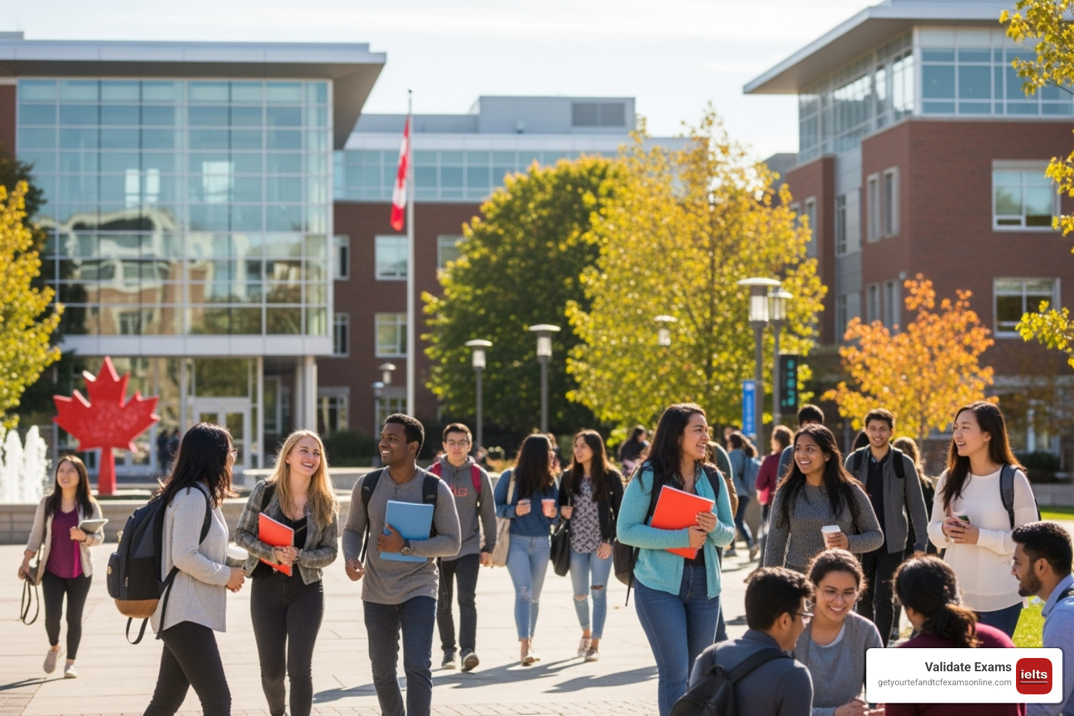 International students on a Canadian university campus, diverse group smiling and interacting - IELTS certificate Canada