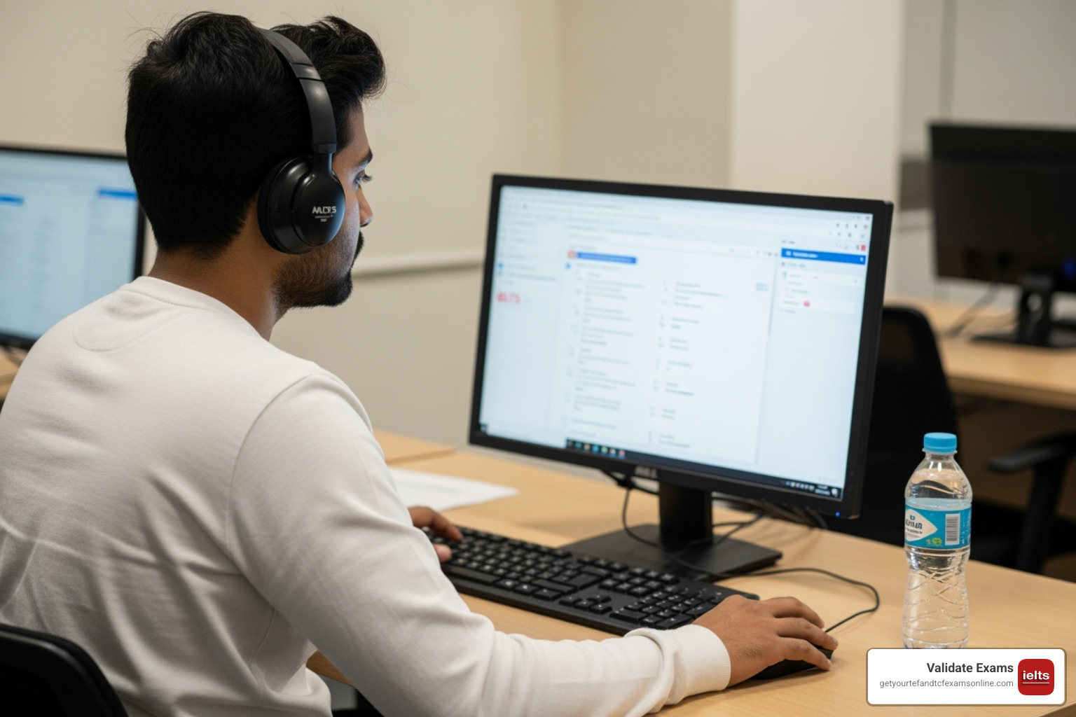 A person taking an IELTS test on a computer, focusing intently - IELTS certificate Canada