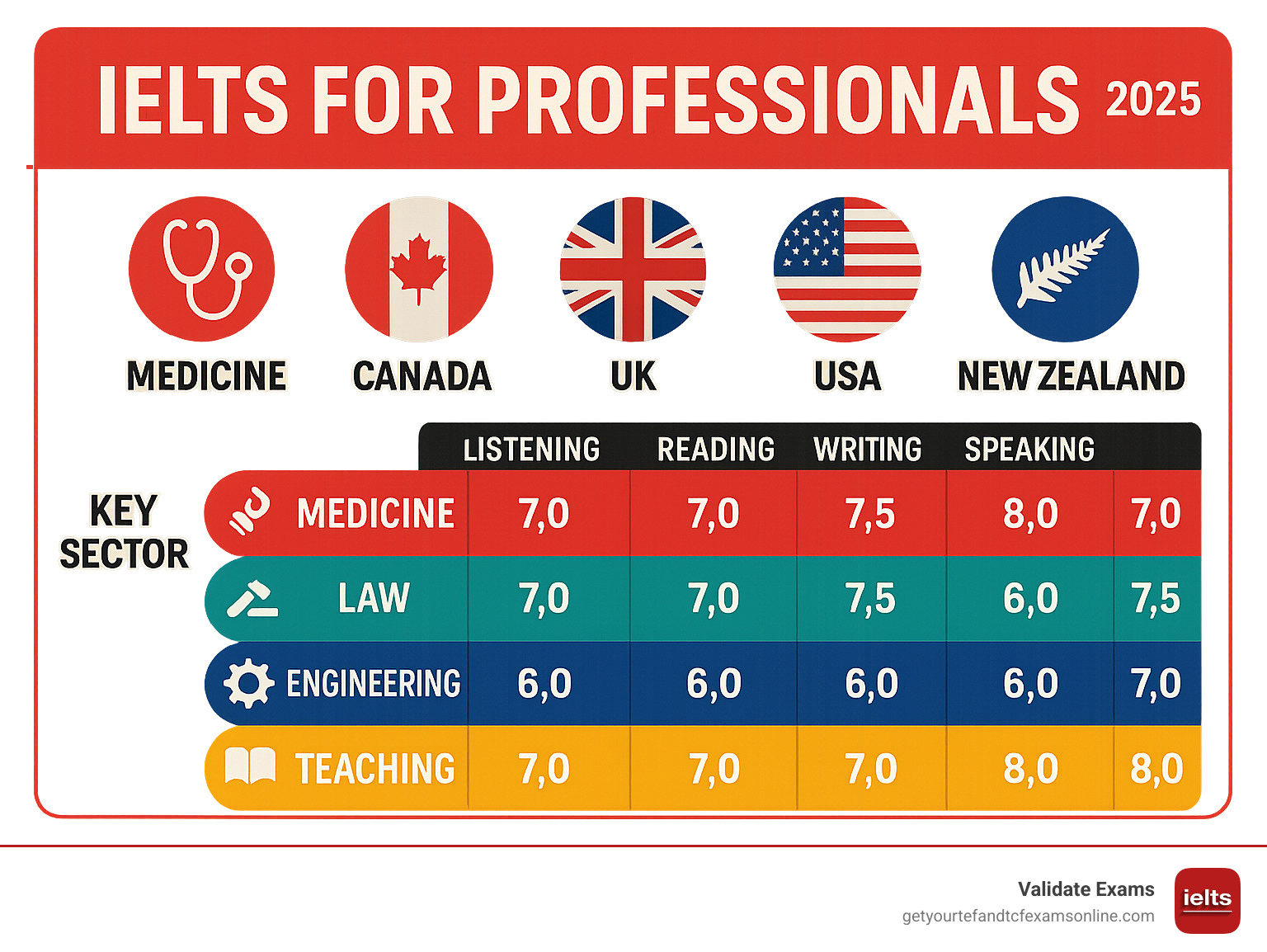 Infographic showing top 5 countries (Australia, Canada, UK, USA, New Zealand) requiring IELTS for professionals with key sectors including medicine (stethoscope icon), law (gavel icon), engineering (gear icon), and teaching (book icon), plus minimum score requirements for each profession - IELTS for professionals infographic 