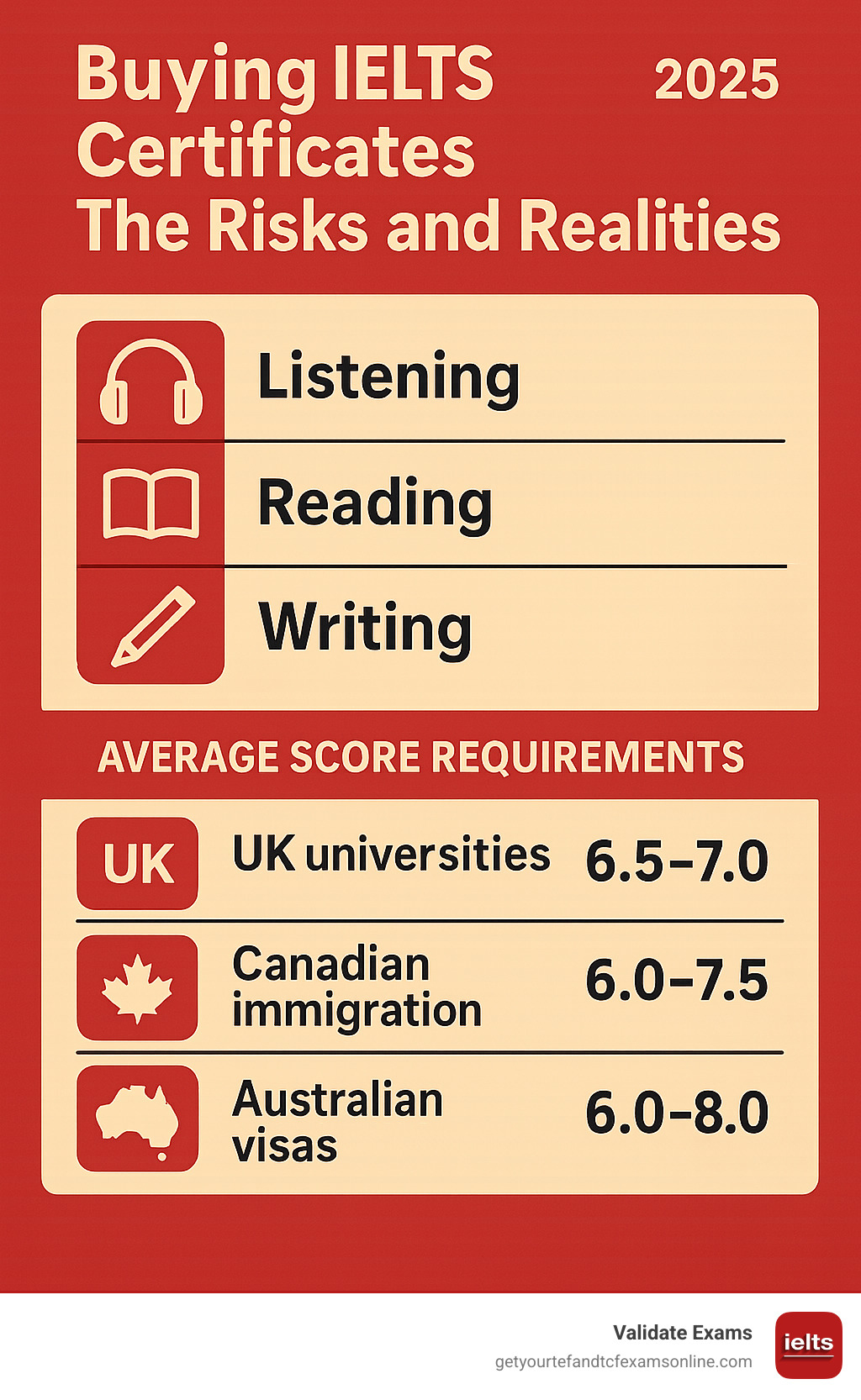 Detailed breakdown of IELTS test sections showing Listening, Reading, Writing, and Speaking components with average score requirements of 6.5-7.0 for UK universities, 6.0-7.5 for Canadian immigration, and 6.0-8.0 for Australian visas - Buying IELTS Certificates The Risks and Realities infographic 