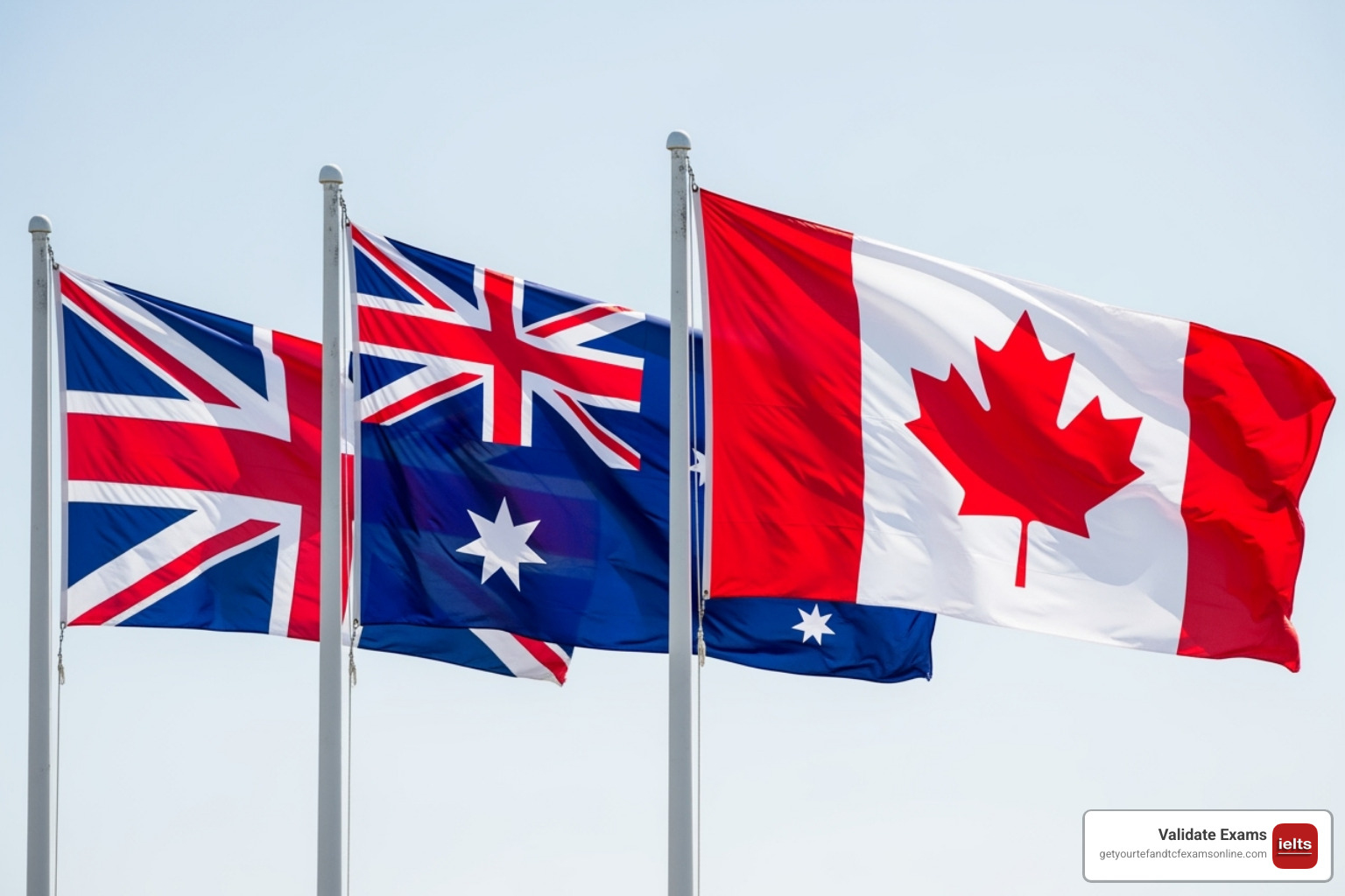 Flags for the UK, Australia, and Canada - IELTS for visa