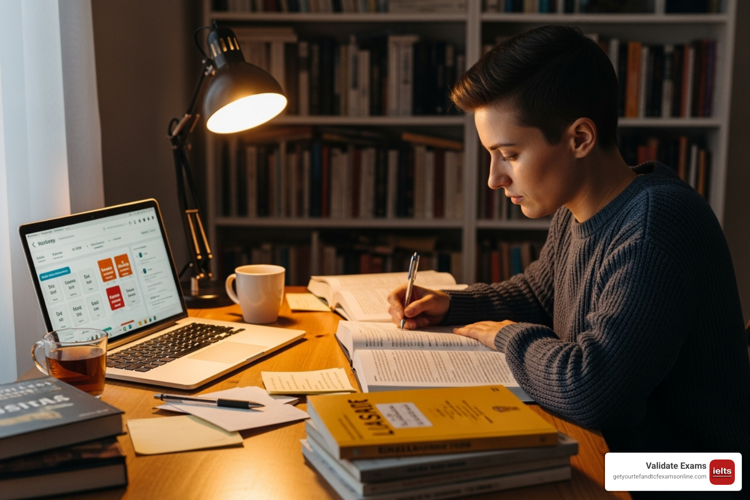 Person studying for the IELTS test with books and a laptop - IELTS for visa