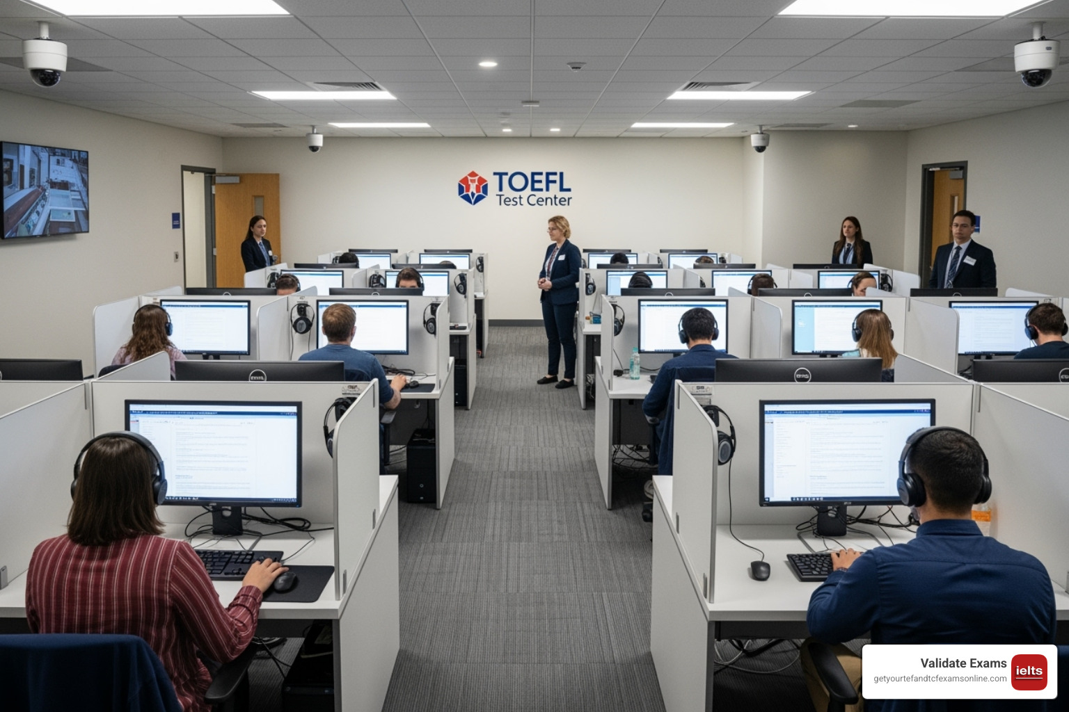 Image of a secure TOEFL test center with proctors - TOEFL without exam