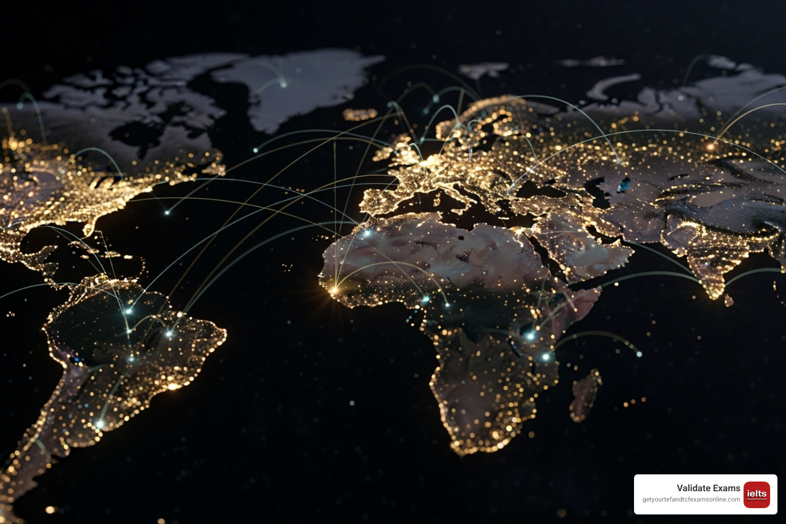A world map with interconnected dots representing global opportunities opened by language skills. - obtain language certificate