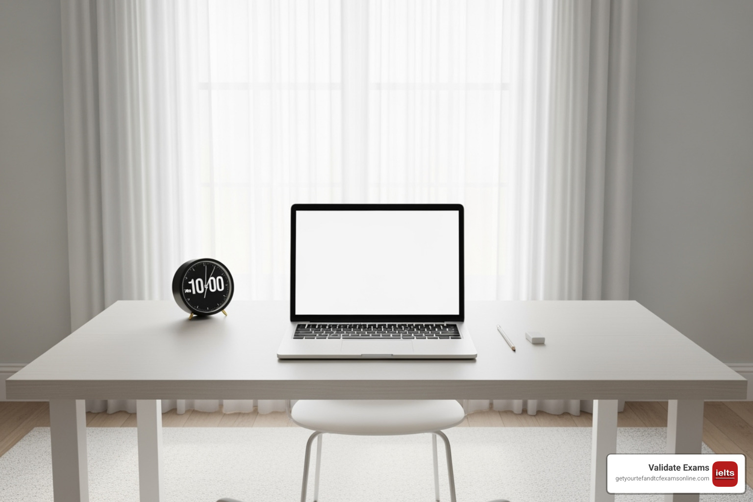 An ideal test-taking environment showing a clean desk, laptop, and good lighting - IELTS certificate online
