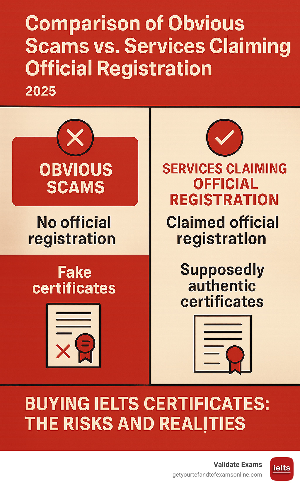 comparison of obvious scams versus services claiming official registration - Buying IELTS Certificates The Risks and Realities infographic 