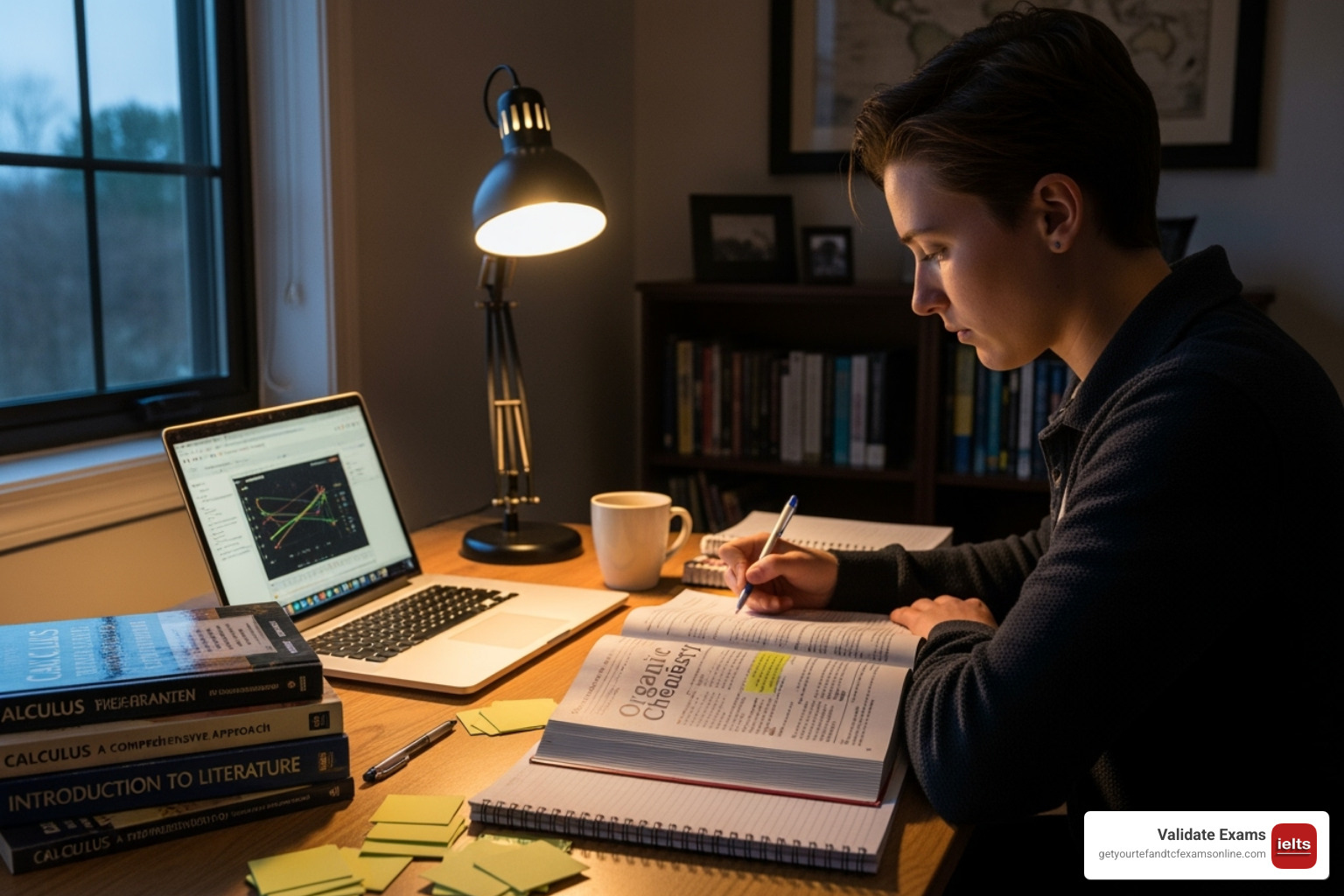 Person studying for an exam with books and a laptop - real IELTS certificate