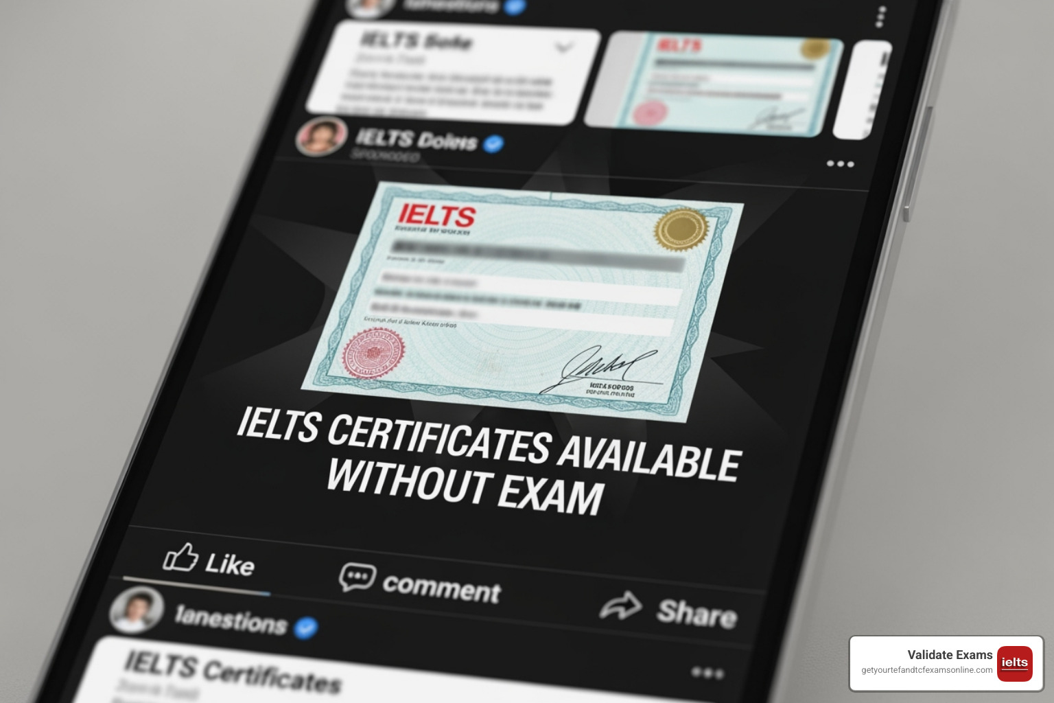 Social media post advertising fake IELTS certificates - real IELTS certificate