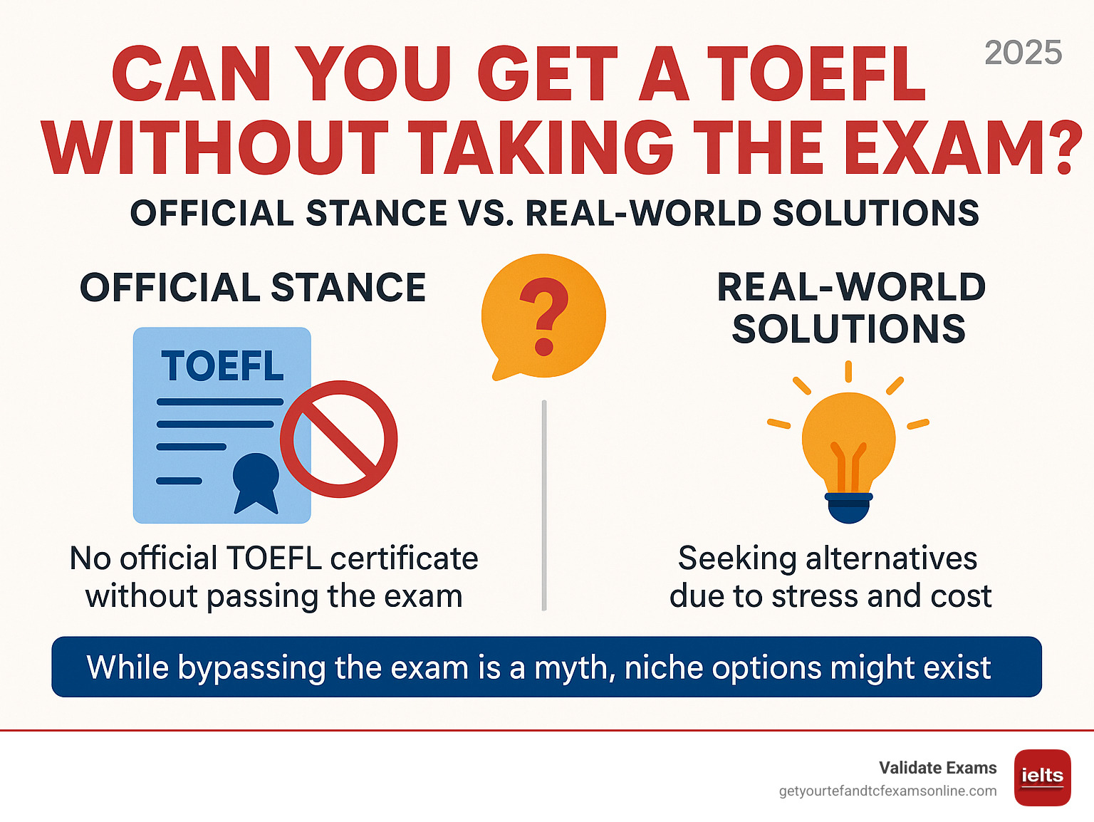 Infographic: Can You Get a TOEFL Without Taking the Exam? Official Stance vs. Real-World Solutions - TOEFL without exam infographic 