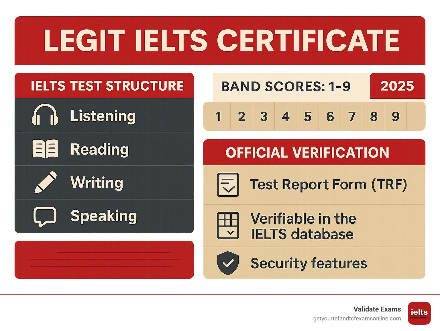 Infographic showing IELTS test structure with four sections (Listening, Reading, Writing, Speaking) and band scores from 1-9, highlighting the official verification process and security features of legitimate certificates - legit IELTS certificate infographic 