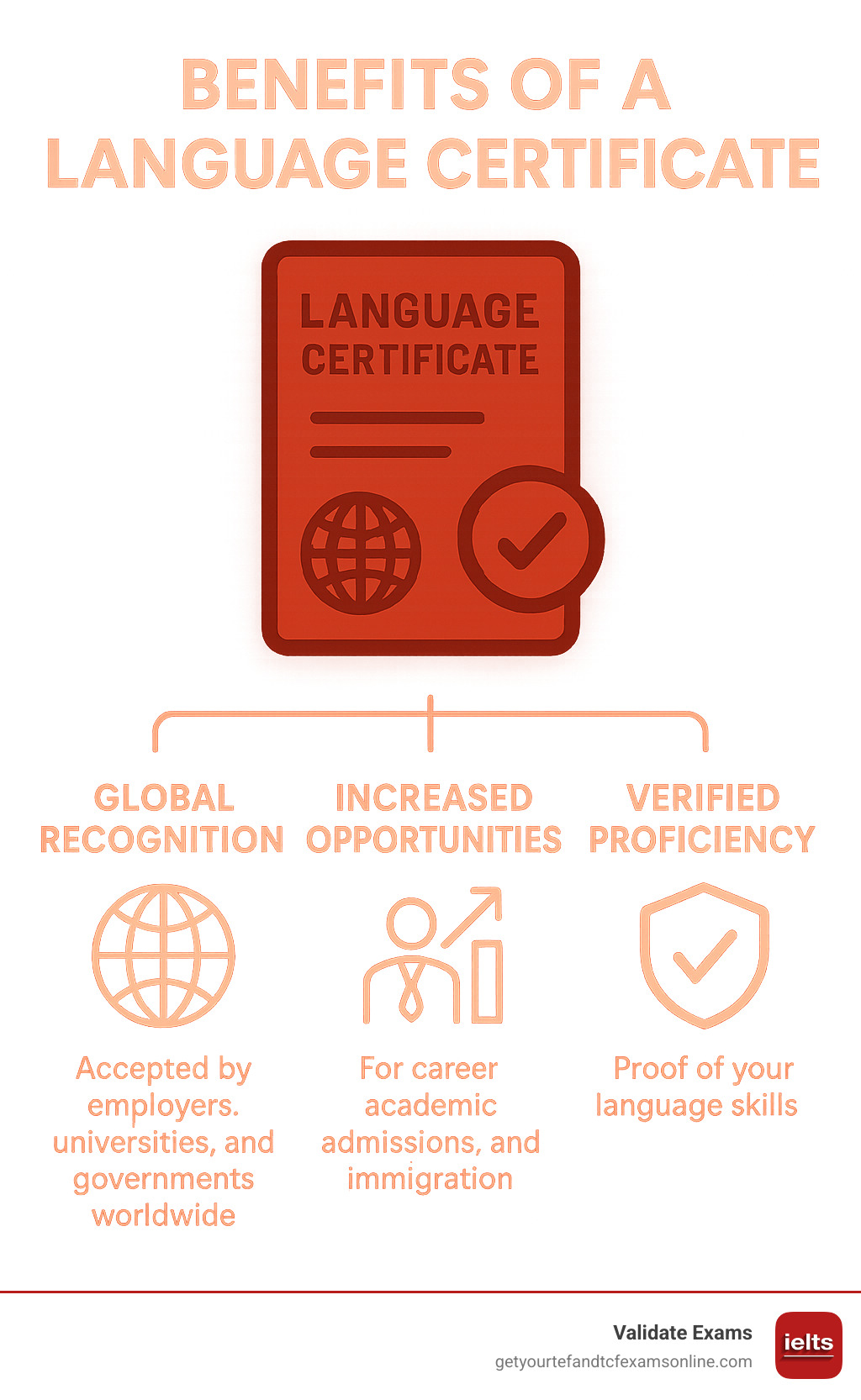 Infographic showing the key benefits of a language certificate for career, academic admissions, and immigration, emphasizing global recognition, increased opportunities, and verified proficiency. - obtain language certificate infographic 