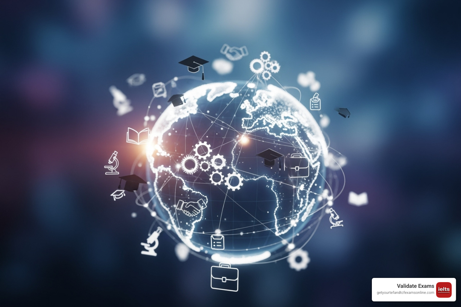 globe with interconnected academic and professional icons - IELTS certificate verification