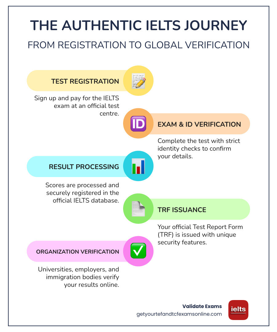 Infographic showing the complete IELTS journey from test registration through identity verification, exam completion, result processing, database registration, TRF issuance, and final verification by organizations using the online verification service - authentic IELTS certificate infographic infographic-line-5-steps-colors