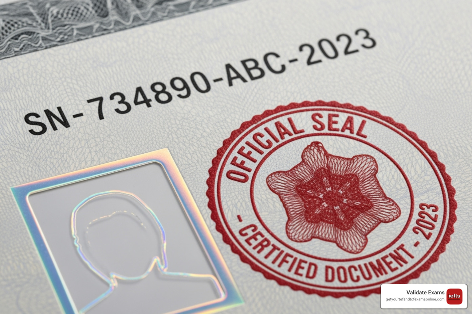A sample IELTS TRF highlighting security features like a high-resolution photograph, unique TRF number, official test centre stamp, and improved security paper - authentic IELTS certificate