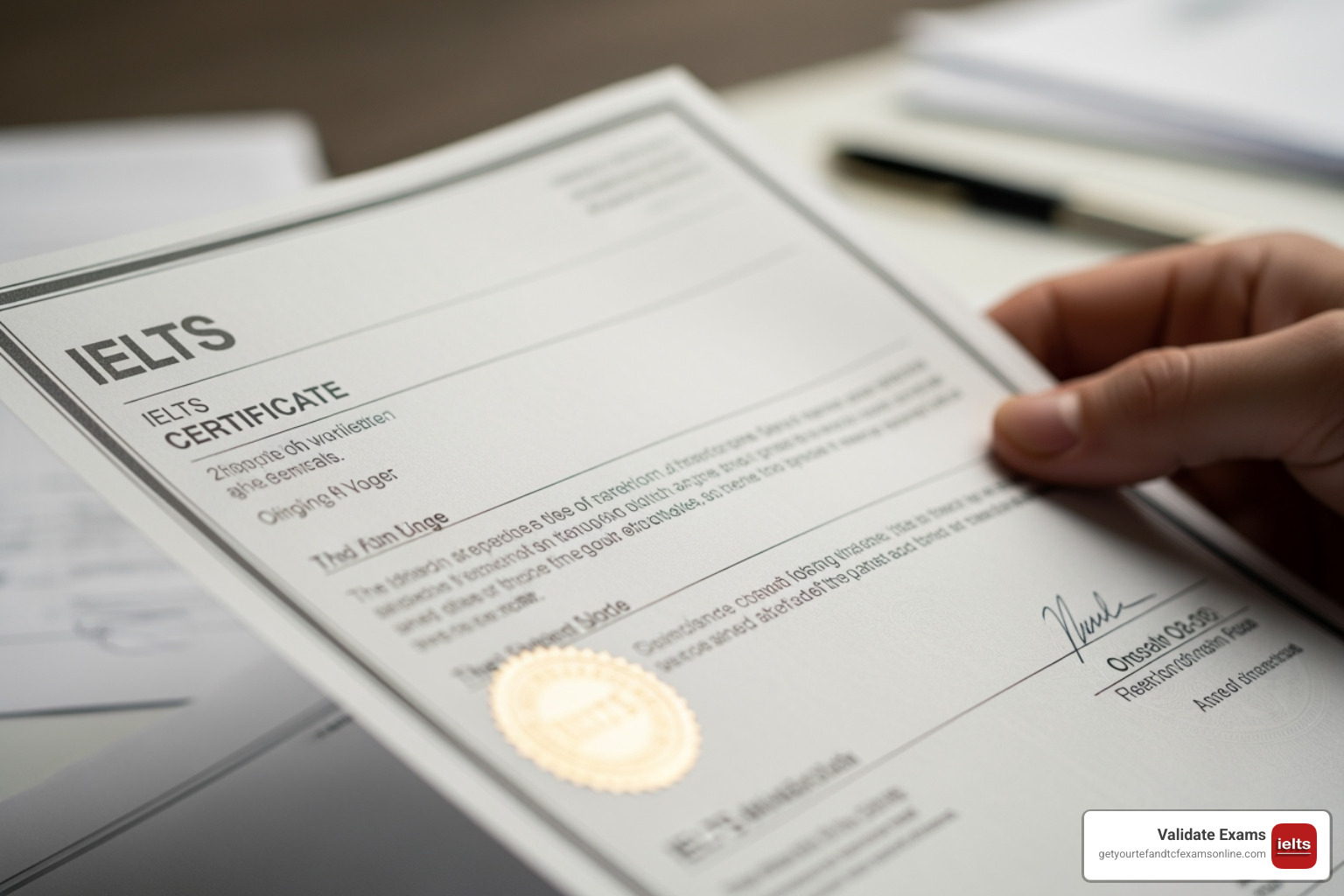 Warning sign over a suspicious certificate - buy IELTS certificate