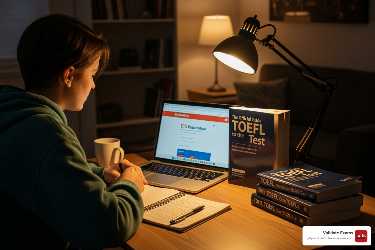 student at a desk with official TOEFL prep books and a laptop showing the ETS website - Get TOEFL certificate
