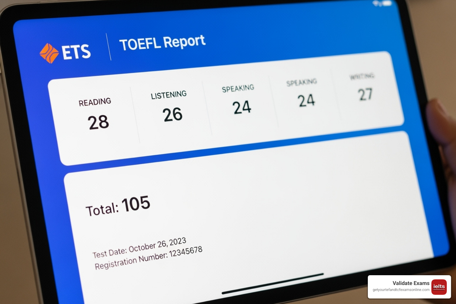 close-up on a digital TOEFL score report on a a tablet screen - Get TOEFL certificate
